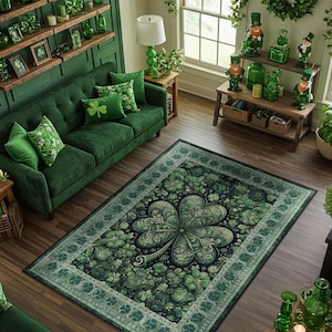 St Patricks Day Decoration Rug, Clover Rug For Irish Decor, Cottagecore Decor, Botanical Rug, Garden Inspired Decor, Green Rug, Washable Rug