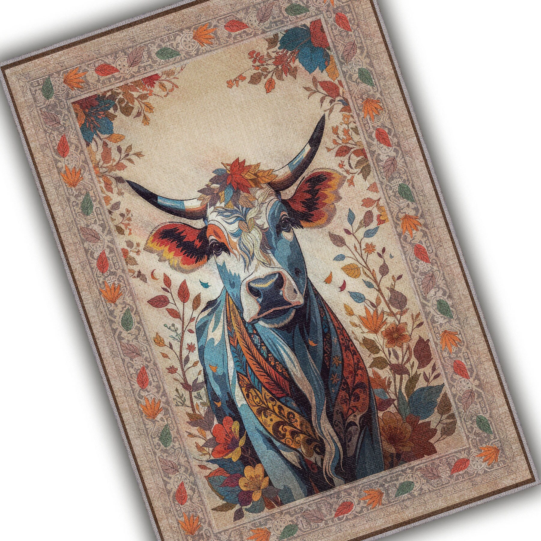 Colorful Floral Cow Rug for Rustic Farmhouse Decor, Cute Animal Rug ...