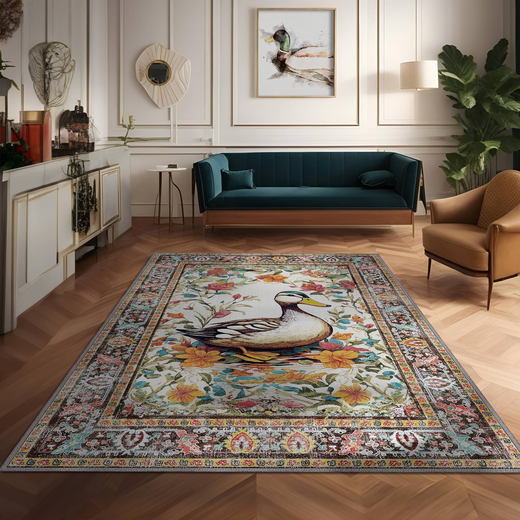 Duck Rug – Vintage Farmhouse Bird Area Rug With Floral Border, Washable ...