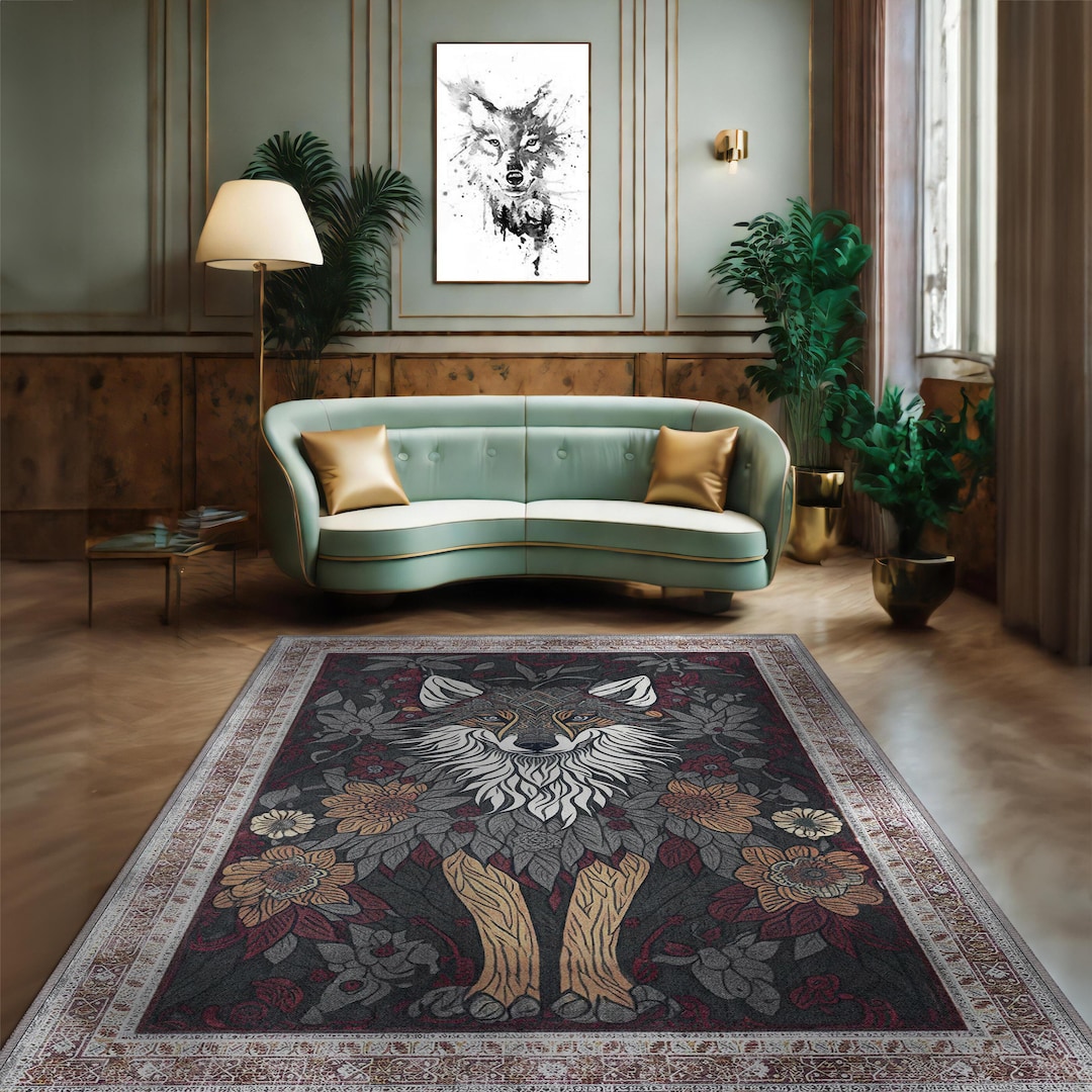 Floral Colorful Wolf Rug for Moody Room Decor, Maximalist Dark Rug for ...