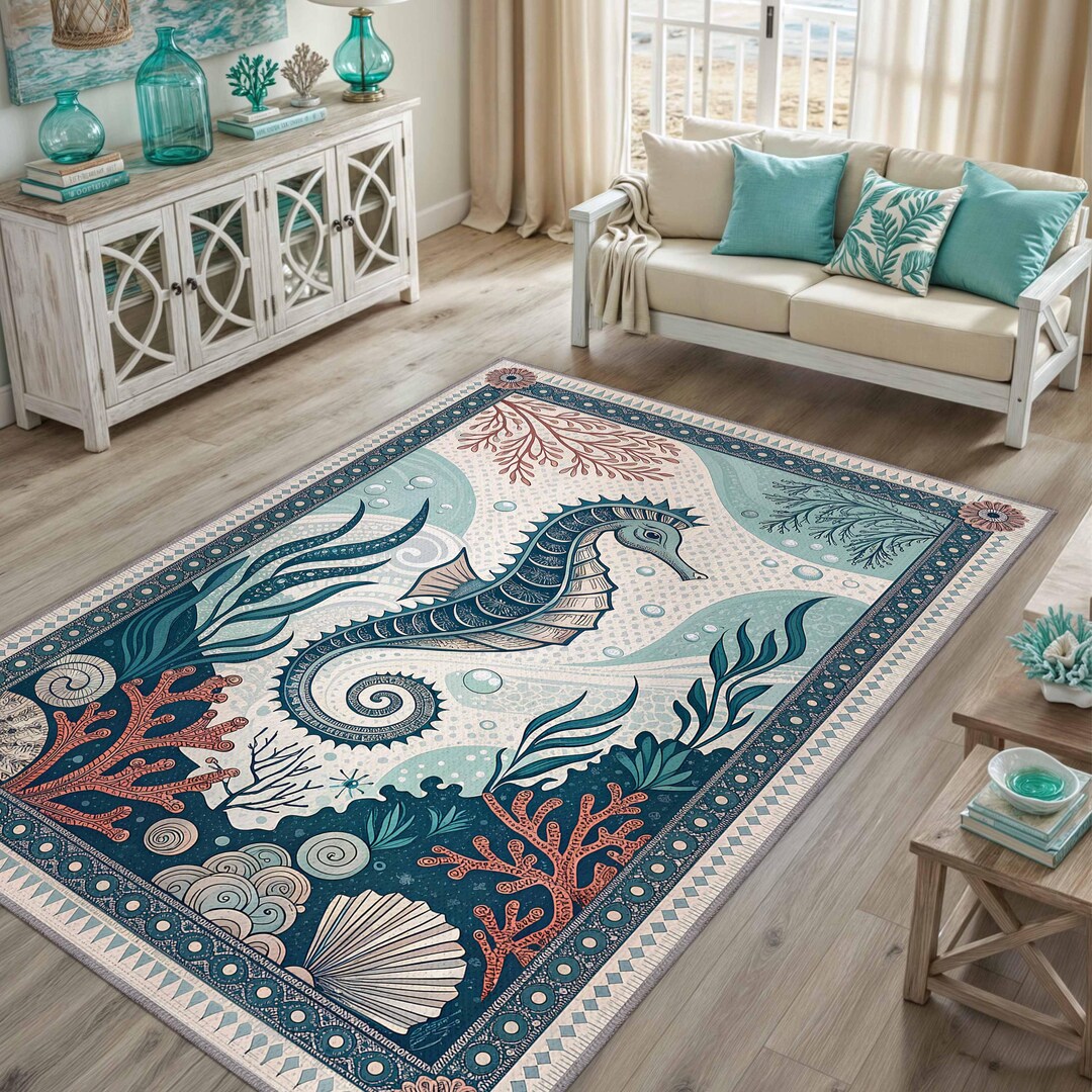 Seahorse Rug, Coastal Ocean Theme Area Rug, Underwater Coral & Sea Life ...