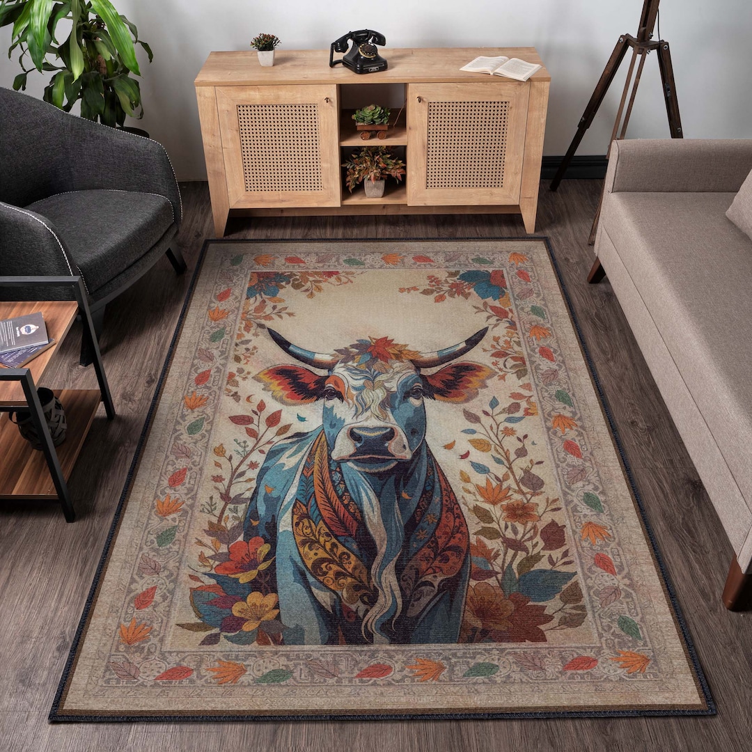 Colorful Floral Cow Rug for Rustic Farmhouse Decor, Cute Animal Rug ...