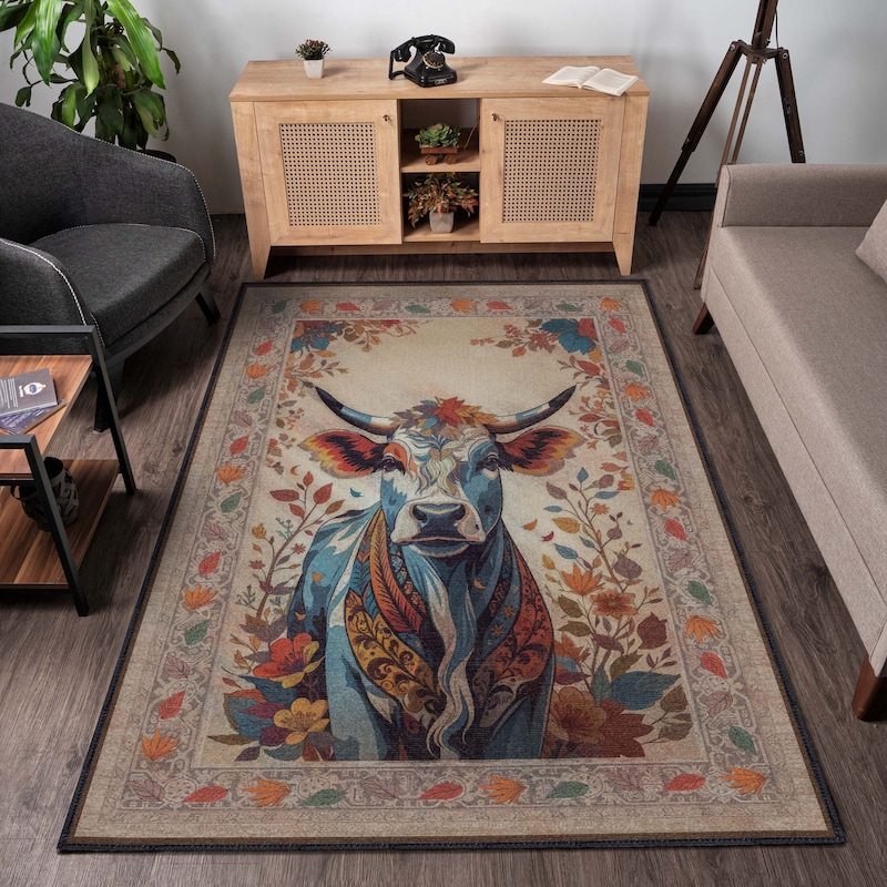 Cute Cow Floral Print Round Rug
