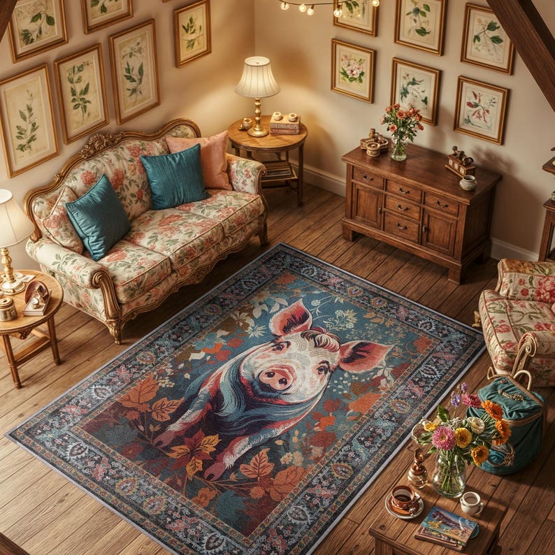 May include: A rectangular area rug with a pig design. The rug features a teal background with a large pig face in the center, surrounded by colorful leaves and a patterned border. The room also includes floral furniture and framed botanical prints.