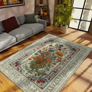 Antique House Decor Aesthetic Rug With Wildflowers, Multi Color Flower Rug For Vintage Home Decor, Washable Floral Rug For Spring Home Decor