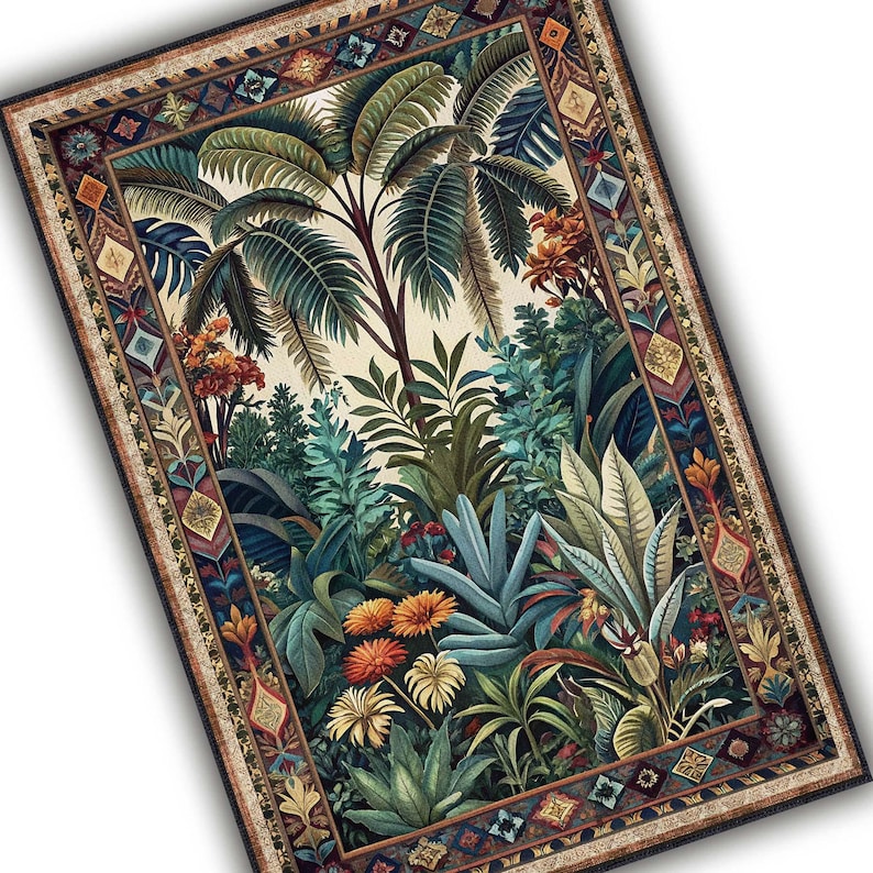 May include: A rectangular area rug featuring a detailed illustration of a tropical jungle scene. The rug showcases lush green foliage, palm trees, and vibrant orange and yellow flowers. The border has an intricate geometric pattern in shades of brown, blue, and gold.