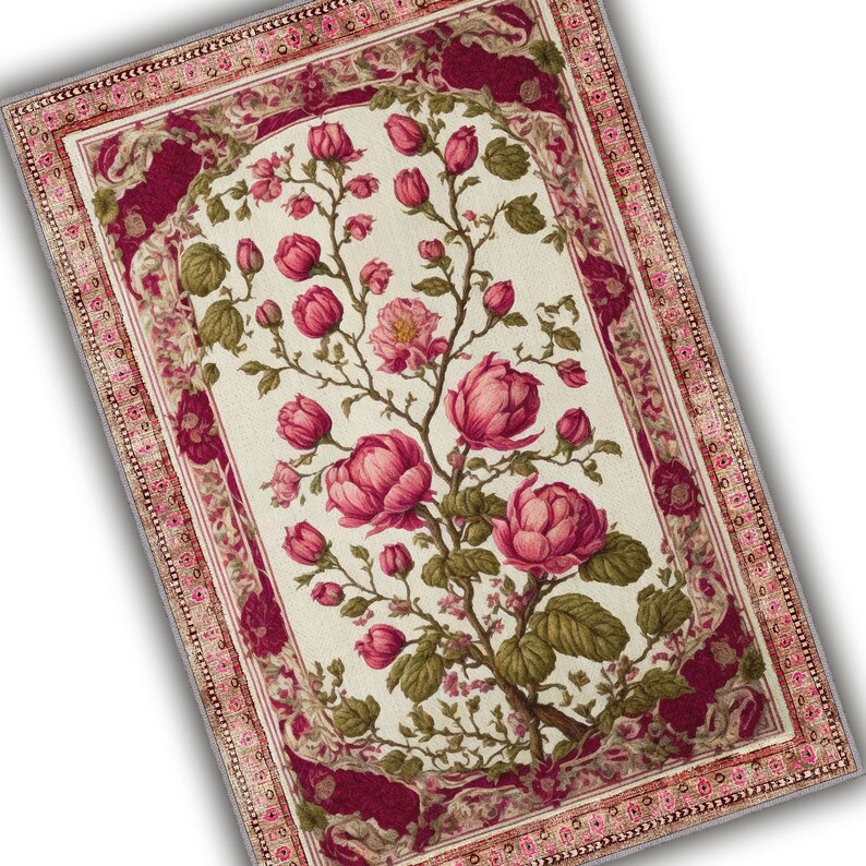 Classic Rose Rug Pink Rug, Vintage Rose Bloom Rug for Living Room, Washable Rug for ...