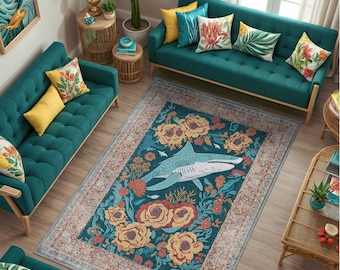 May include: An overhead shot of a living room with teal sofas and a patterned rug. The rug features a shark design surrounded by flowers in shades of yellow, orange, and blue. The sofas are adorned with colorful throw pillows. The room has a coastal theme.