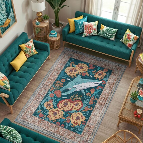Shark Rug With Flowers, Rustic Persian Style Rug, Shark Decor, Modern Living Room Rug, Nautical Rug, Washable Cotton Rug, Unique Bedroom Rug