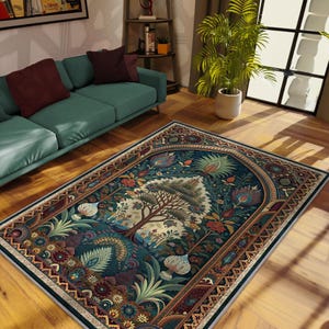 Tappeto persiano ad arco con albero della vita, tappeto orientale verde acqua scuro, tappeto lavabile, arredamento boho massimalista, tappeto botanico vintage, tappeto eclettico