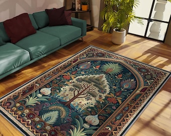 Persian Arch Tree of Life Rug, Dark Teal Oriental Carpet, Washable Area Rug, Maximalist Boho Decor, Vintage Botanical Mat, Eclectic Room Rug