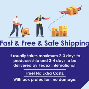 K&ouml;nnte beinhalten: Illustration des Versandprozesses mit Kartons, einem Flugzeug und Personen. Der Text lautet "Fast & Free & Safe Shipping". Zus&auml;tzlicher Text besagt, dass die Produktion/der Versand 2-3 Tage und die Lieferung 3-4 Tage dauert. Das Bild besagt auch "Free! No Extra Costs."