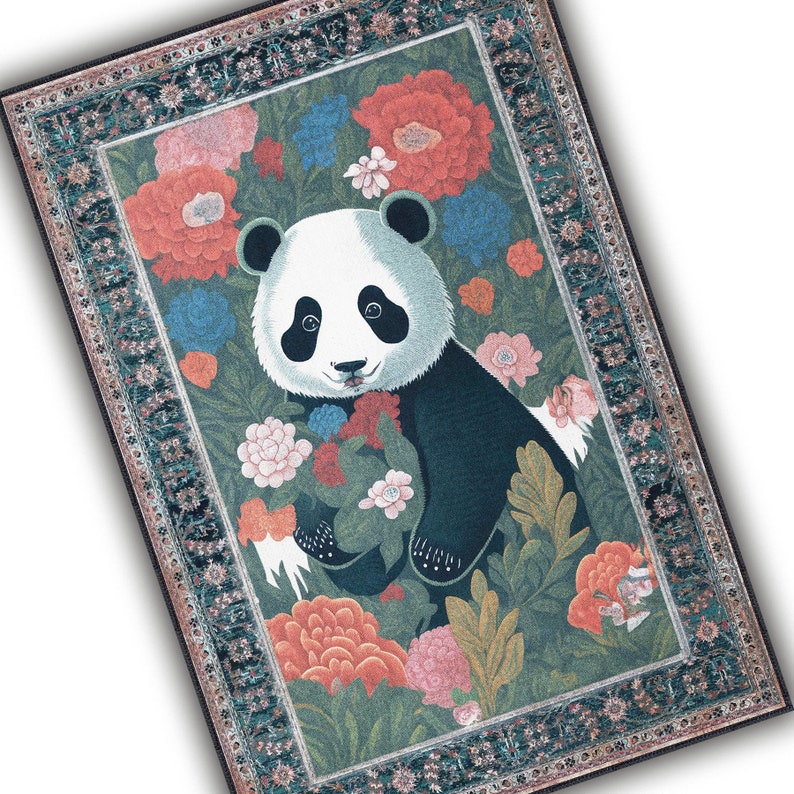 Cute Panda Rug With Colorful Flowers and A Vintage Look, Art Deco ...