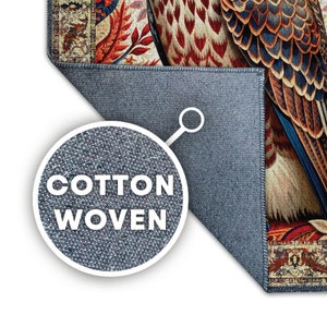 May include: A cotton woven rug featuring a detailed illustration of a bird with red, blue, and brown feathers. The rug has a decorative border with floral and geometric patterns. The text "COTTON WOVEN" is displayed in a circular inset.