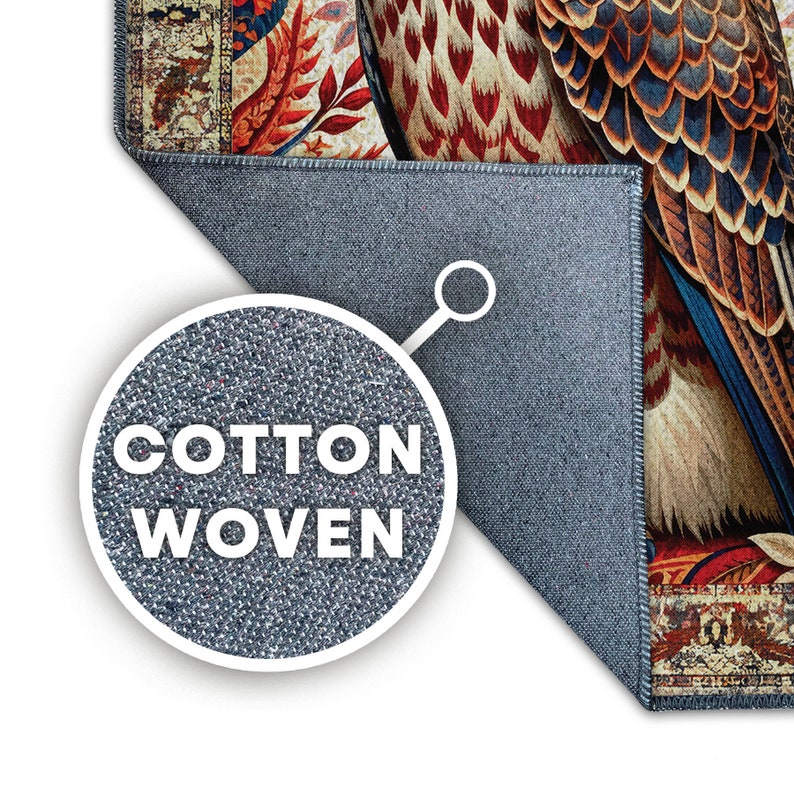 May include: A cotton woven rug featuring a detailed illustration of a bird with red, blue, and brown feathers. The rug has a decorative border with floral and geometric patterns. The text "COTTON WOVEN" is displayed in a circular inset.