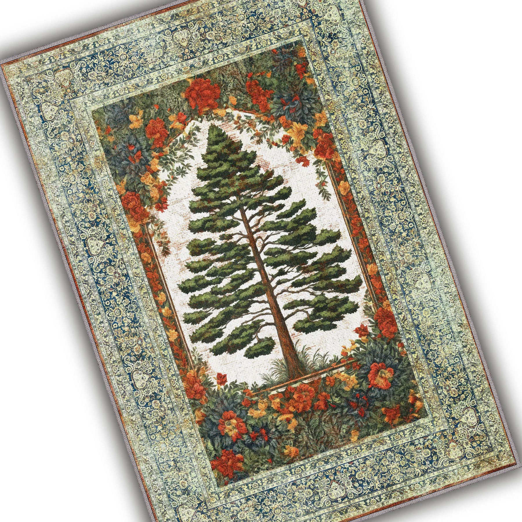 Spruce Tree Rug Vintage Evergreen Pine Tree Rug – Green Botanical Area Rug With Floral ...