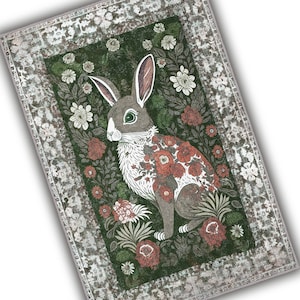 Rabbit In Flowers Animal Prtinted Vintage Look Printed Boho Rug, Green Gray Cute Area Rug, Maximalist Bunny Decor Nursery, Rabbit Room Decor image 2