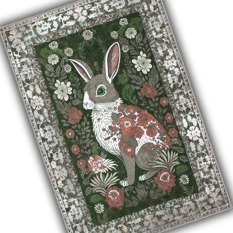 Rabbit In Flowers Animal Prtinted Vintage Look Printed Boho Rug, Green Gray Cute Area Rug, Maximalist Bunny Decor Nursery, Rabbit Room Decor image 2