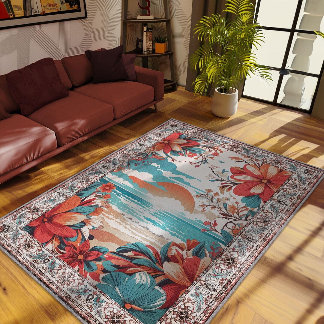 Floral Sunset Rug for Aesthetic Home Decor, Coastal Rug for Modern Room ...