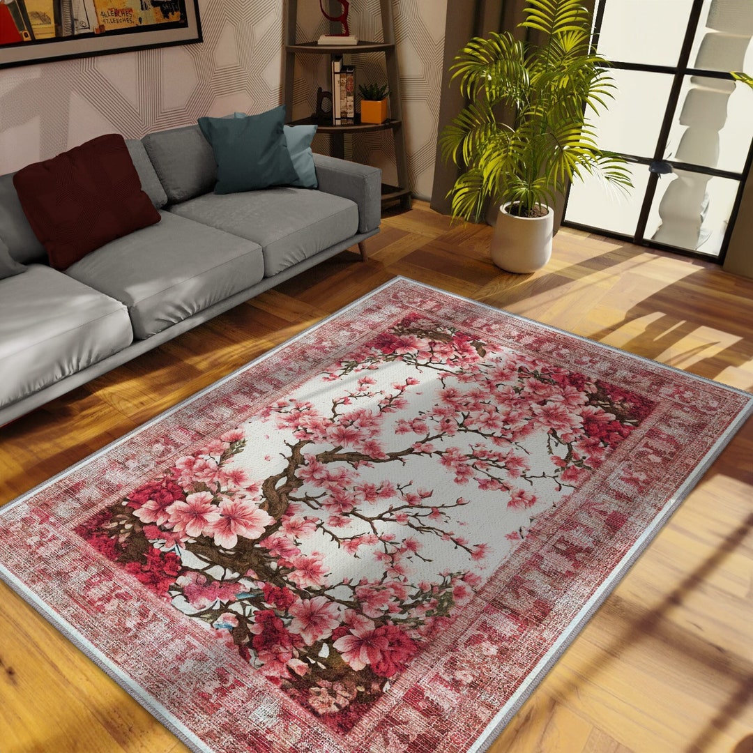 Cherry Blossom Rug, Vintage Look Decorative Cherry Blossom Rug