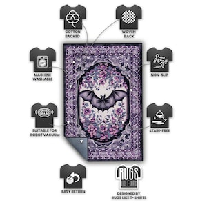 May include: A rectangular purple rug with a bat and floral design. The rug features a central bat illustration surrounded by flowers in shades of purple and white. The rug is machine washable, cotton-backed, woven, non-slip, stain-free, and suitable for robot vacuums.