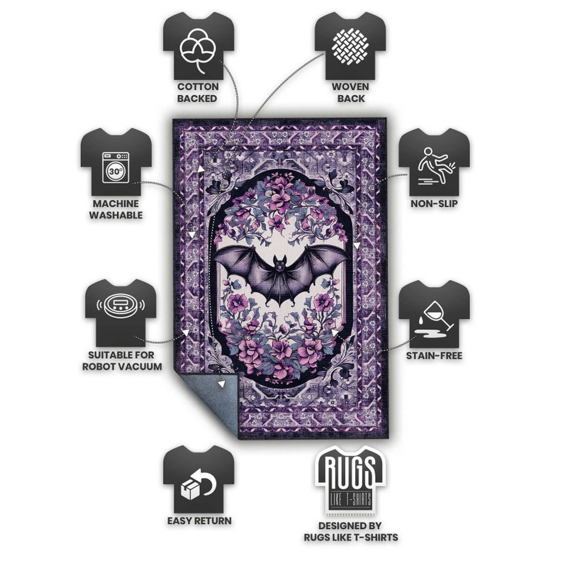 May include: A rectangular purple rug with a bat and floral design. The rug features a central bat illustration surrounded by flowers in shades of purple and white. The rug is machine washable, cotton-backed, woven, non-slip, stain-free, and suitable for robot vacuums.