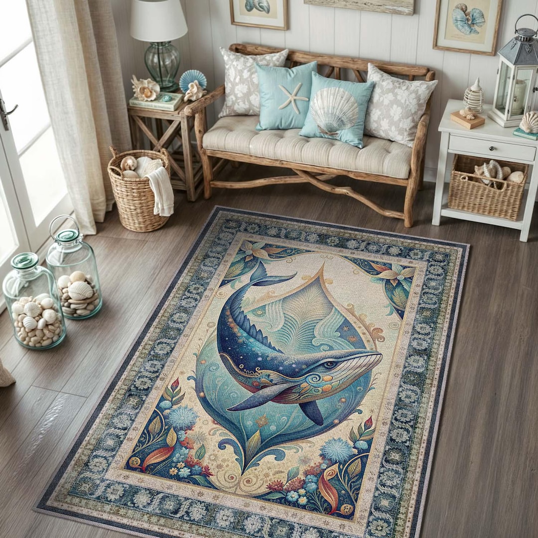 Whale Printed Rug for Ocean Inspired Decor, Blue and Cream Aesthetic ...
