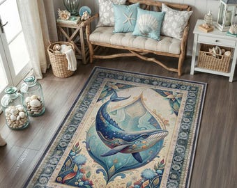 Alfombra con estampado de ballenas para una decoración inspirada en el océano, alfombra estética azul y crema para una decoración bohemia costera, alfombra con temática oceánica, decoración de ballenas, alfombra lavable