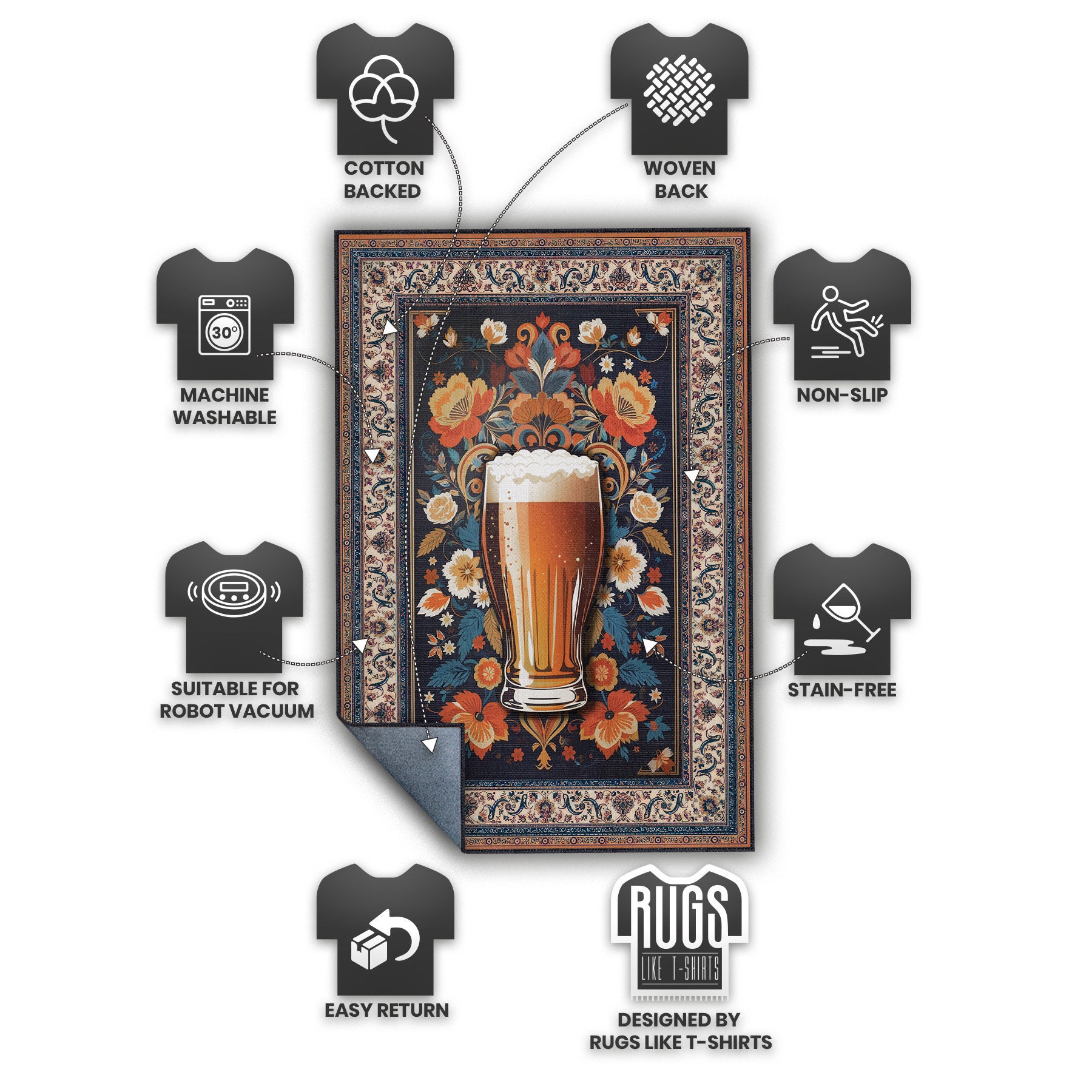 Beer Glass Rug, Home Bar Decor, Washable Area Rug, Man Cave Carpet ...