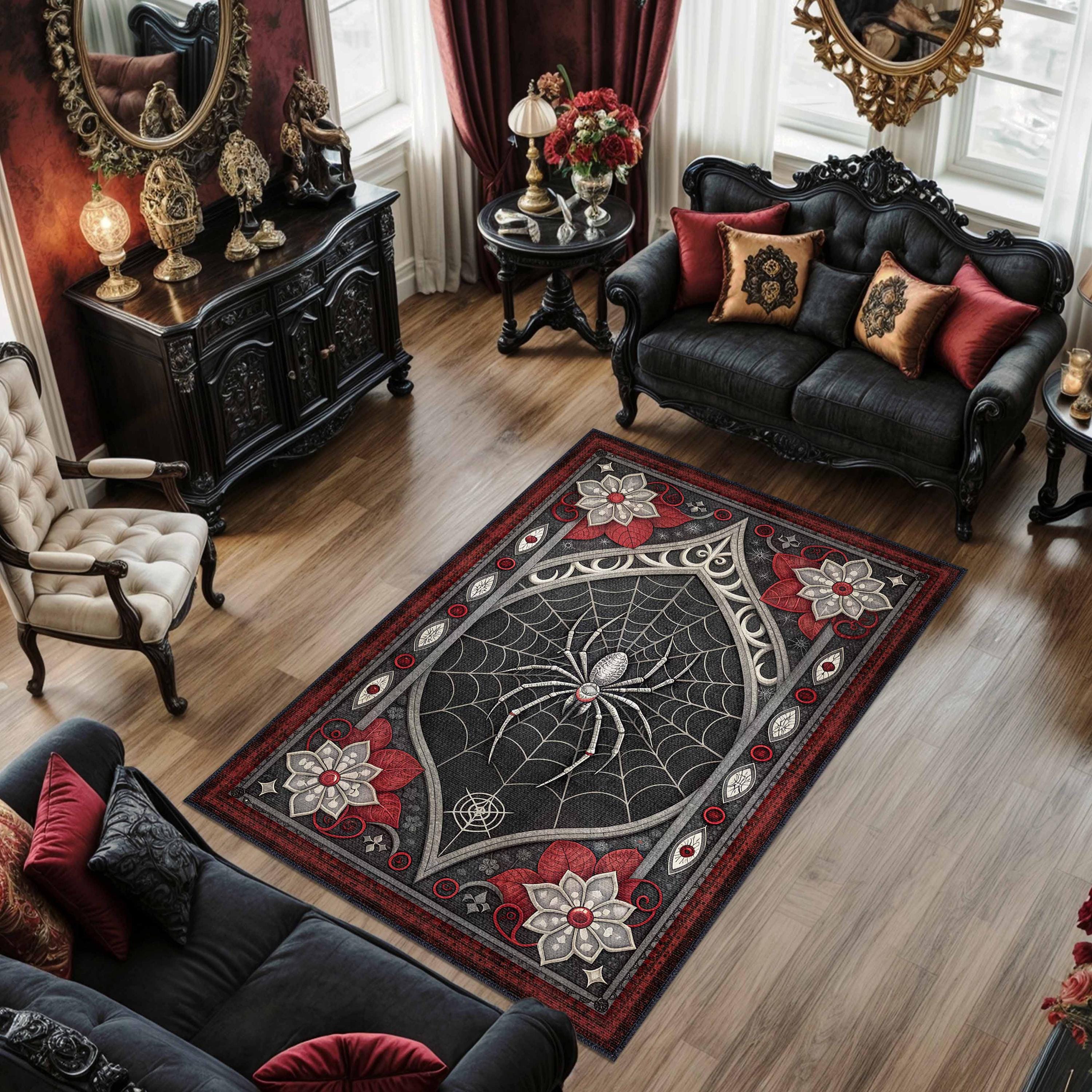 Punk Style Rug Gothic Spider Rug, Dark Academia Punk Washable Rug, Goth Home Decor ...