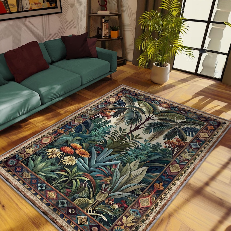 rustic boho rug, greenery rug, jungle rug, tropical rug, farmhouse rug, cottagecore rug, botanical rug,artistic rug, multicolor rug, leaf rug, nature rug, palm tree rug, tropical area rug, plant rug, washable bedroom rug, green aesthetic rug