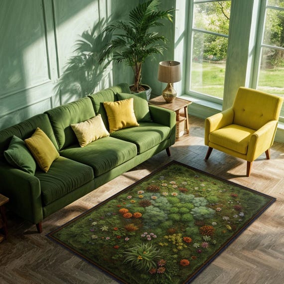 Moss Rug For Cottagecore Decor, Wildflower Rug For Floral Room Decor, Botanical Rug For Farmhouse Decor, Plant Rug, Green Living Room Rug