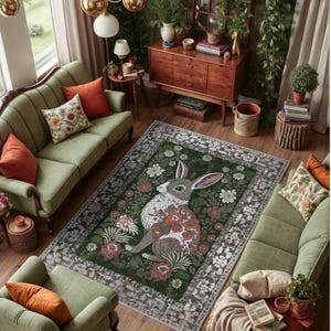 Rabbit Rug, Whimsical Rug For Woodland Decor, Nature Themed Area Rug, Maximalist Bunny Decor Nursery, Washable Rug, Rabbit Boho Room Decor