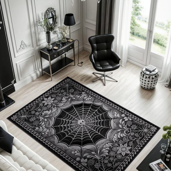 Black and White Gothic Spiderweb Rug, Dark Floral Skull Carpet, Washable Area Rug, Witchy Room Decor, Macabre Aesthetic, Spooky Floor Mat