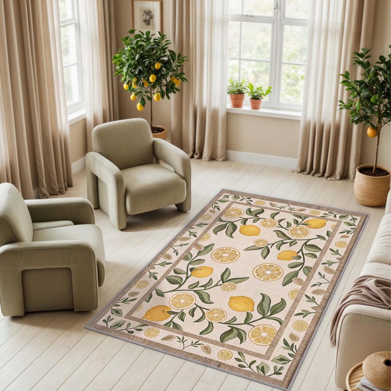 K&ouml;nnte beinhalten: Rechteckiger Teppich in Creme mit einem Zitronen- und Bl&auml;ttermuster. Der Teppich hat einen cremefarbenen Hintergrund mit gelben Zitronen und gr&uuml;nen Bl&auml;ttern. Ein brauner Rand umrahmt das Design. Der Teppich liegt in einem Wohnzimmer mit neutralen M&ouml;beln und Dekoration.