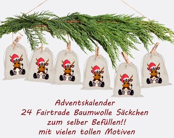 Advent calendar for filling reindeer, 24 cloth bags, printed 20x15 large, gift bags, bags, DIY selffill, Christmas calendar