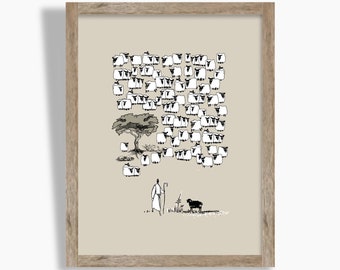 Jesus Leaves the 99 Sheep Print: Minimalist Christian Art (Digital Download)