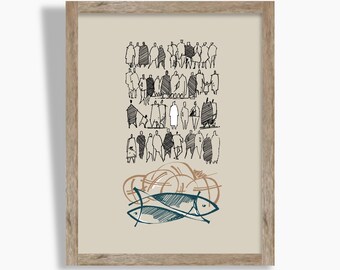 Jesus Feeds 5000 Print: Minimalist Bible Sketch (Digital Download)