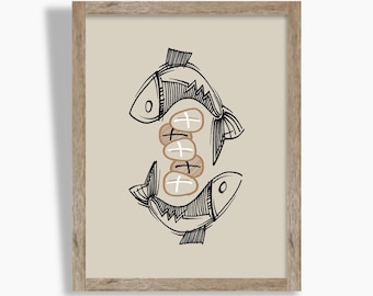 Jesus Feeds the 5000 bible sketches verse wall art Jesus art work minimalist modern christian art digital print bible art 5 Bread and 2 Fish