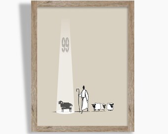 Jesus leaves the 99 parable lost sheep christian modern art bible sketches wall art print Jesus art work minimalist christian art bible art