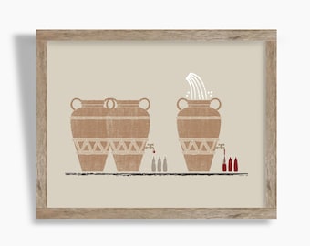 May include: A framed illustration of two terracotta amphorae with spouts pouring out liquid. The amphorae are decorated with a brown and white pattern. The liquid is flowing into smaller bottles.