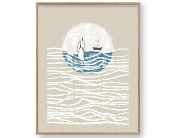 Jesus Walking on Water Print: Minimalist Bible Art (Digital Download)