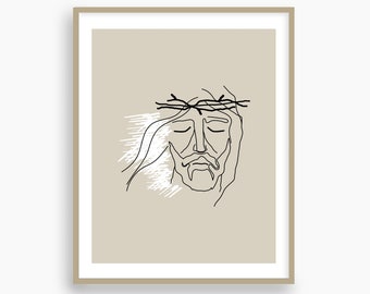 Minimalist Jesus Portrait Print, Crown of Thorns Art (Digital Download)