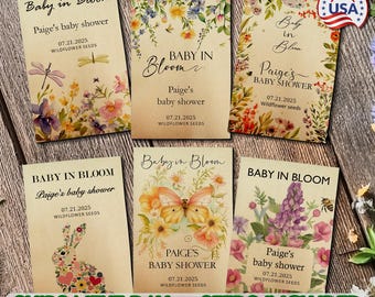Baby Shower Favors for Guests in Bulk, Baby in Bloom, Wildflower Seed Paper Alternative, for Boy Girl or Gender Neutral, Custom Seed Packets