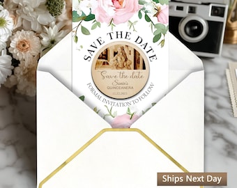 Personalized Sweet 16 Save the Date Photo Magnets, Custom Fridge Magnet, Wooden Save the Date Magnet, Quinceañera Invites, Free Envelope