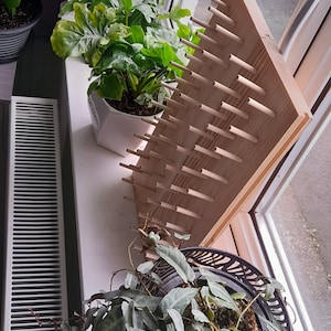 May include: A wooden plant stand with a triangular shape and multiple dowels protruding from the surface. The stand is positioned on a windowsill with three potted plants.