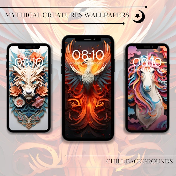 Phoenix Phone Wallpaper, Mystical Wallpaper, Set of 3, Unicorn Wallpaper, Dragon, Phone Background, Paper Kirigami, 3D Wallpaper, AI Art