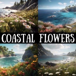 Peut inclure: Quatre images de scènes côtières avec des fleurs sauvages au premier plan. La première image montre des fleurs roses et blanches avec une mer bleue en arrière-plan. La deuxième image montre des fleurs roses et violettes avec une mer bleue et une côte rocheuse en arrière-plan. La troisième image montre des fleurs rouges et jaunes avec une mer bleue et une île verte en arrière-plan. La quatrième image montre des fleurs blanches avec une mer bleue et une montagne rocheuse en arrière-plan.