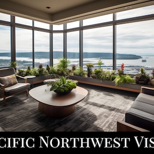 May include: A modern living room with a large window overlooking a city skyline and a body of water. The room is furnished with two sofas, a coffee table, and plants. The text "PACIFIC NORTHWEST VISTA" is displayed at the bottom of the image.
