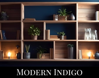 Indigo Background, Modern office, AI Art, Virtual Background, Zoom Background, Teams Background, Shelves, Aesthetically Pleasing, Interview